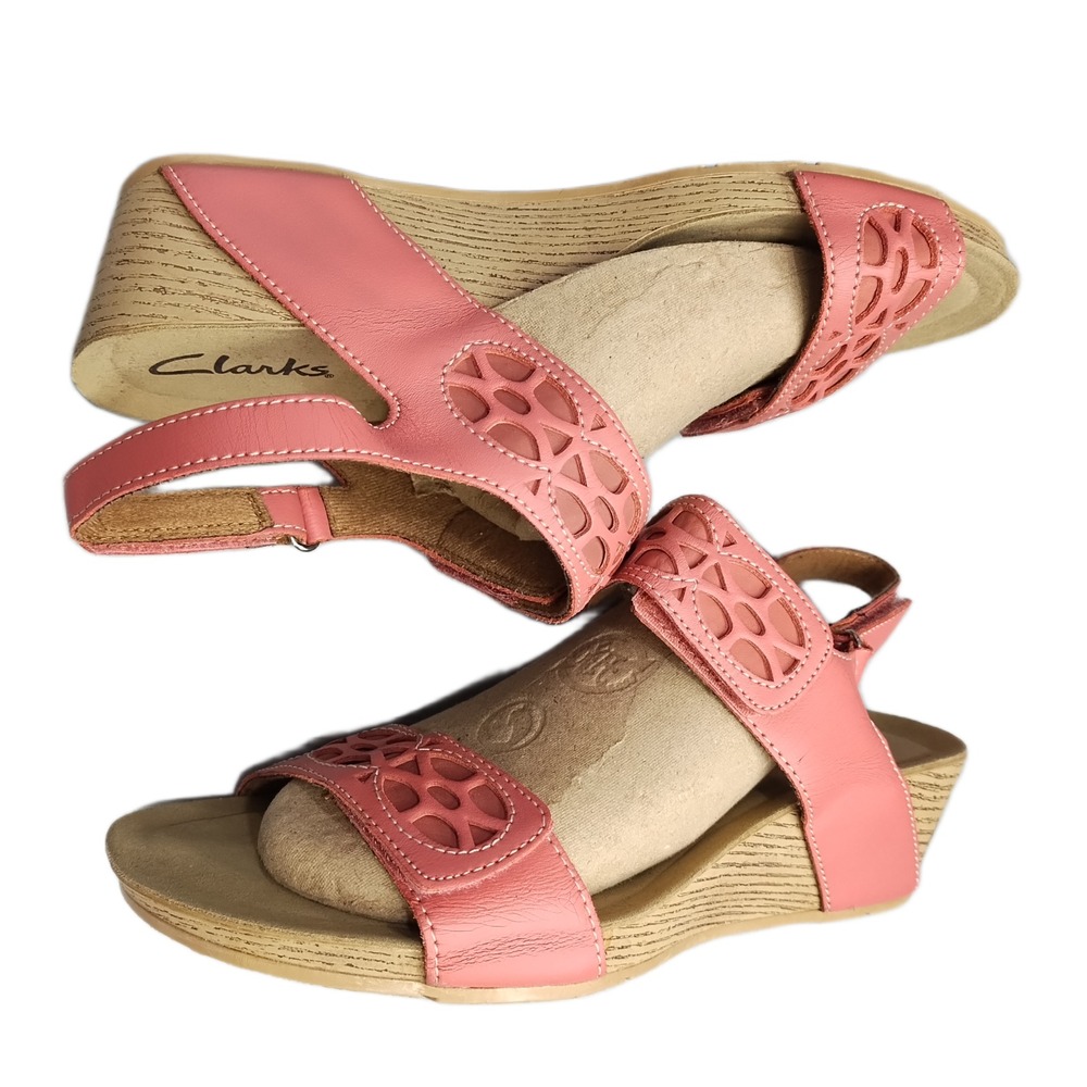 Clarks Alto Anthem Wedge Sandals Womens US 8W Pink Leather Open Toe Hook & Loop